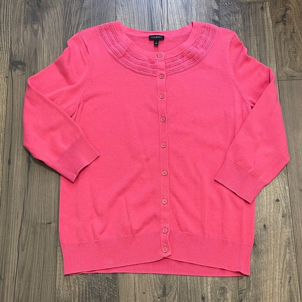 Talbots Pink Textured Crew Neck Button Front 3/4 Sleeve Cardigan Sweater Large